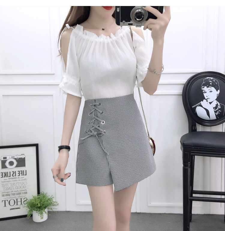 VK旗艦店 韓國風露肩時尚雪紡高腰系帶綁帶套裝短袖裙裝