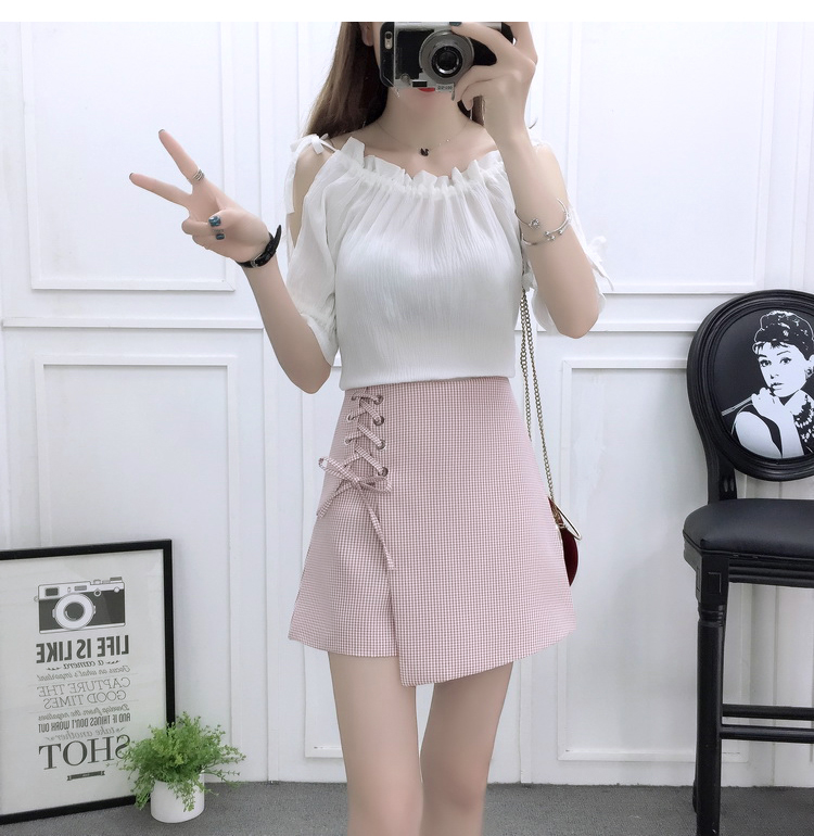 VK旗艦店 韓國風露肩時尚雪紡高腰系帶綁帶套裝短袖裙裝