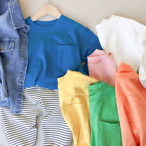 Male and female Korean cut short sleeve T2021 summer new children candy color cotton Joker long sleeve base shirt