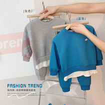 Childrens simple fashion set 2021 autumn new small children Korean casual mosaic fake two-piece set