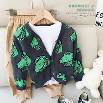 Childrens Knitted Cardigan Crocodile Full Print Sweater 2021 Spring New Baby Korean Chicken Heart Collar Top
