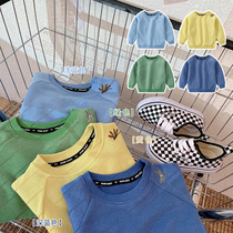 Male and female children Foreign style shoulder sleeve round neck sweater 2021 autumn new small children solid color wild jumper
