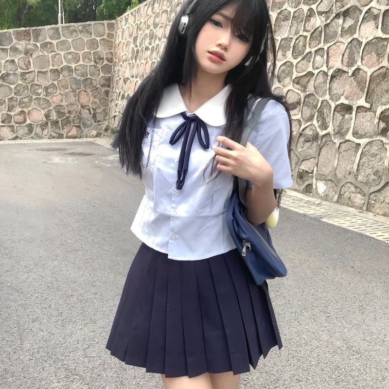 Original Jk Uniform Set, Japanese School Style, Blue Sailor Collar Short-Sleeve Shirt, School Uniform-Like Waist-Cinching Shirt, Sweet Girl Style Original Jk Uniform Set, Japanese School Style, Blue Sailor Collar Short-Sleeve Shirt, School Uniform-Like Waist-Cinching Shirt, Sweet Girl Style