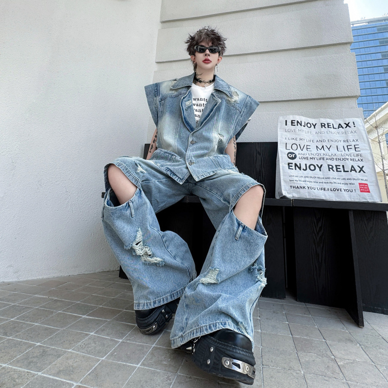 2026 Summer Style Distressed Lapel Loose Denim Padded Shoulder Vest Ripped Wide-Leg Pants Men's Suit Vintage Retro