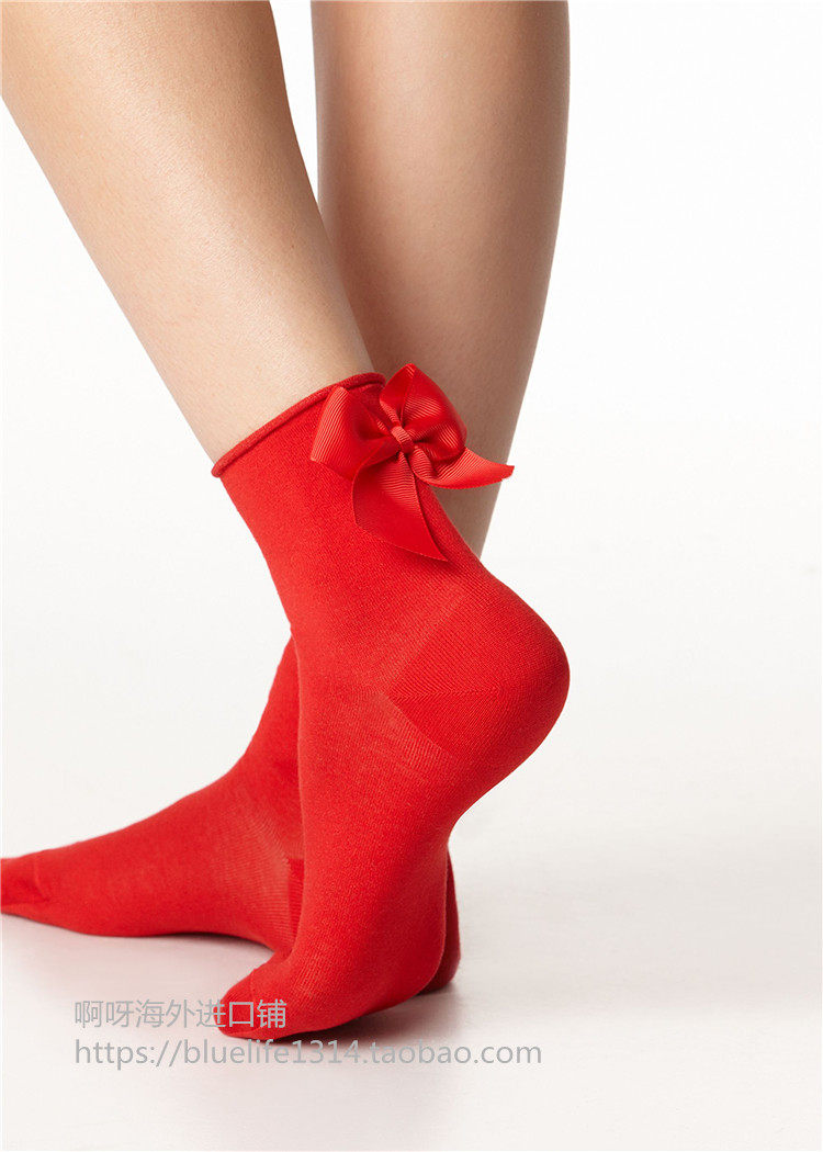 (Spot) Calzedonia Ladies Ribbon Bow Solid Color Cotton Socks Fashion Street Shooting