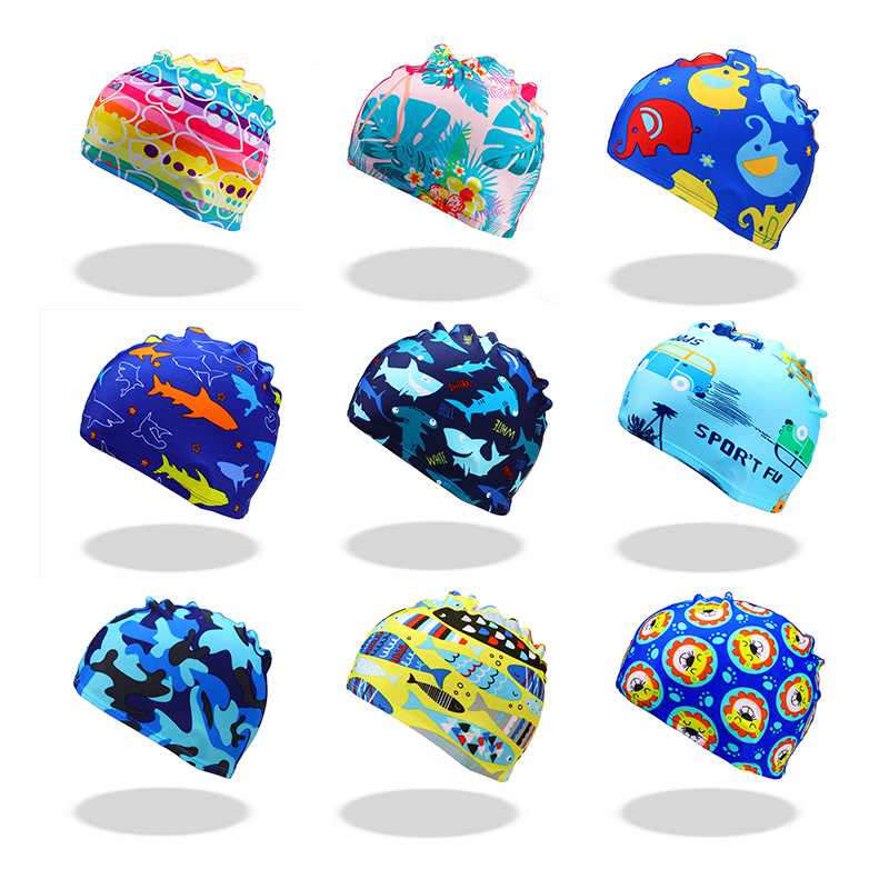 2021 new cartoon children's swimming cap baby comfortable fabric cute swimming cap boys and girls cloth cap quick drying breathable
