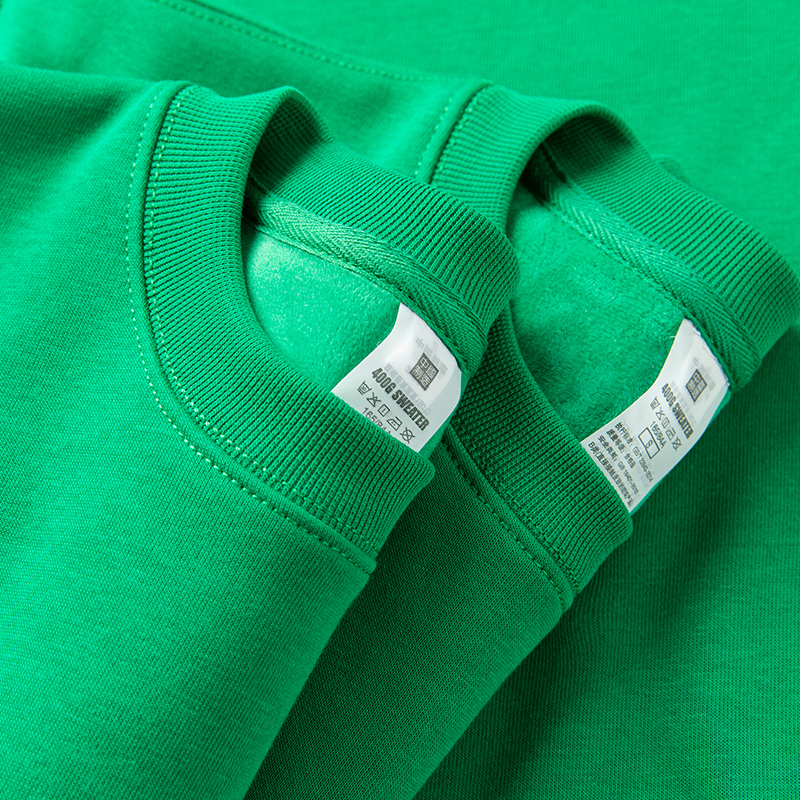 Fashionable Green and White 400g Heavyweight Winter Fleece-Lined Thick Crew Neck Sweatshirt Solid Color Loose Thick Top Couple Style