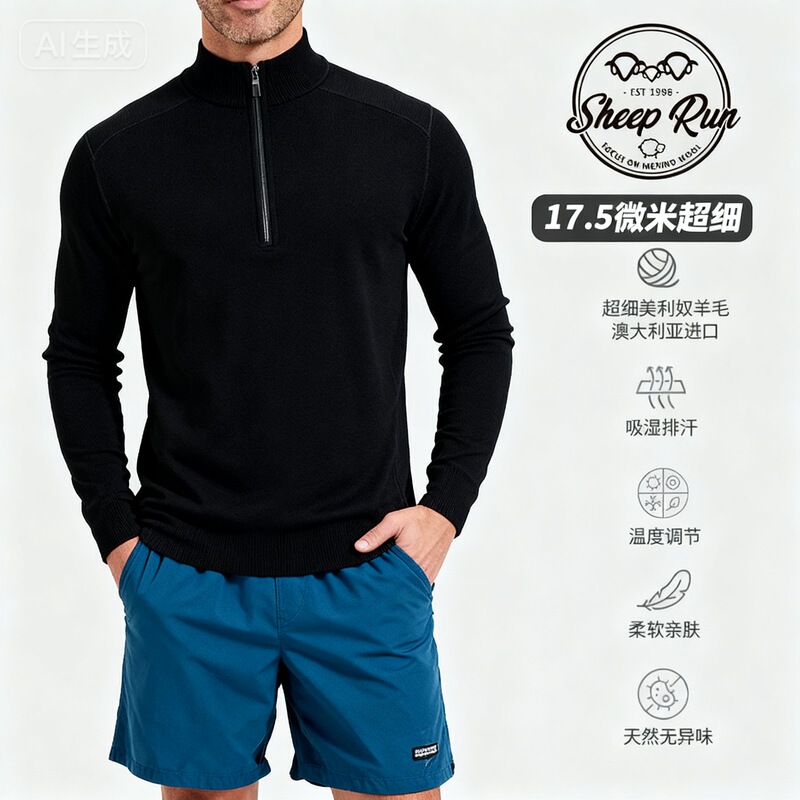 Sheep Run Ranch Merino Wool Men's Half-Zip Long Sleeve Sports Casual 17.5 Warm and Quick-Drying