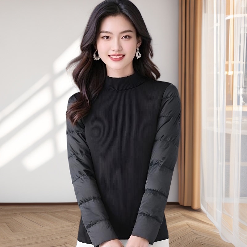 Down Sleeve Base Layer Women's Autumn and Winter Fleece Knit Top, Inner Layer Sweater with Vest, Thickened down Sleeve Sweater