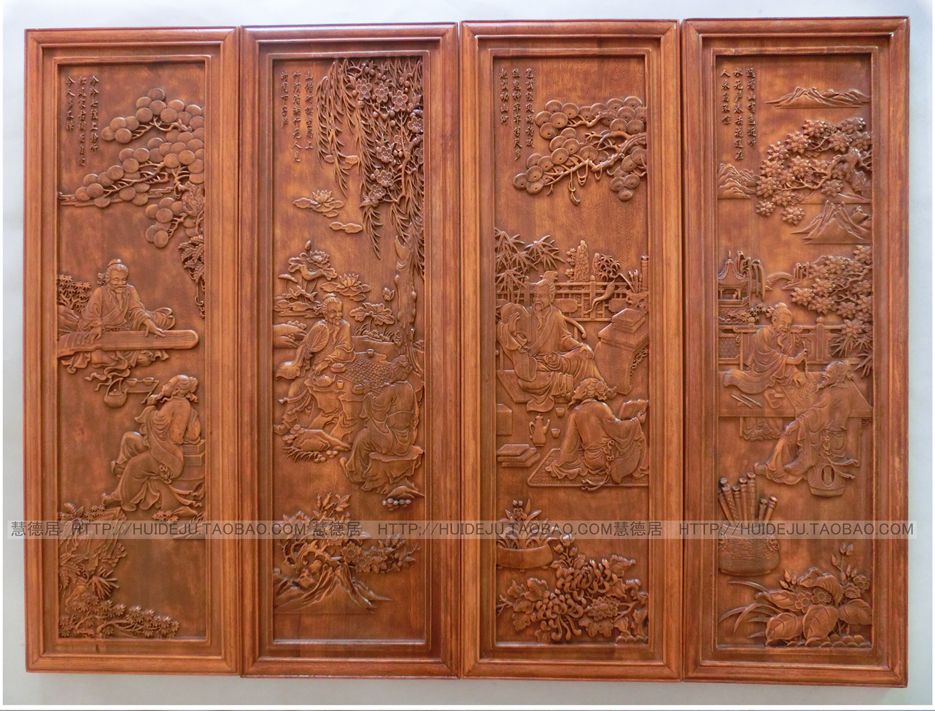 Dongyang Wood Carving Pendant Chinese Decoration Wood Carving Screen Camphor Wood Strip Screen Handicraft Piano Chess Calligraphy and Painting