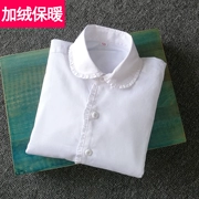 Mùa thu đông mẫu áo sơ mi nữ cộng với áo nhung dày ấm áp màu trắng trang phục học sinh trẻ em chạm đáy áo ren