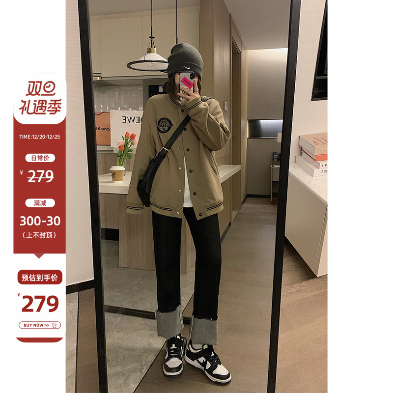 Veee plus velvet American baseball padded jacket, warm and age-reducing, and slim, loose and thickened sweater jacket, female