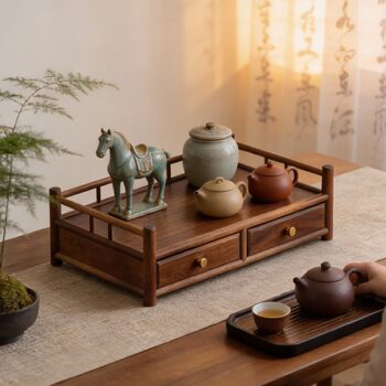 Chengzhai black walnut tea cup rack tea set storage rack solid wood desktop tea storage cabinet with drawer storage rack