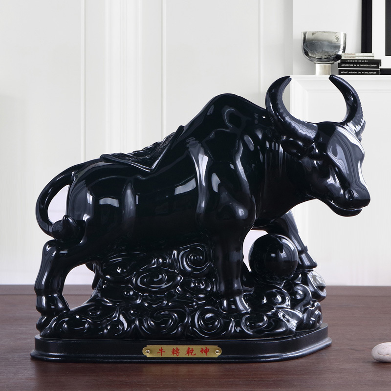 Cow Figurine Ceramic Craft for Attracting Wealth and Protecting the Home, Large Black Porcelain Office Desk Decoration, Opening Gift