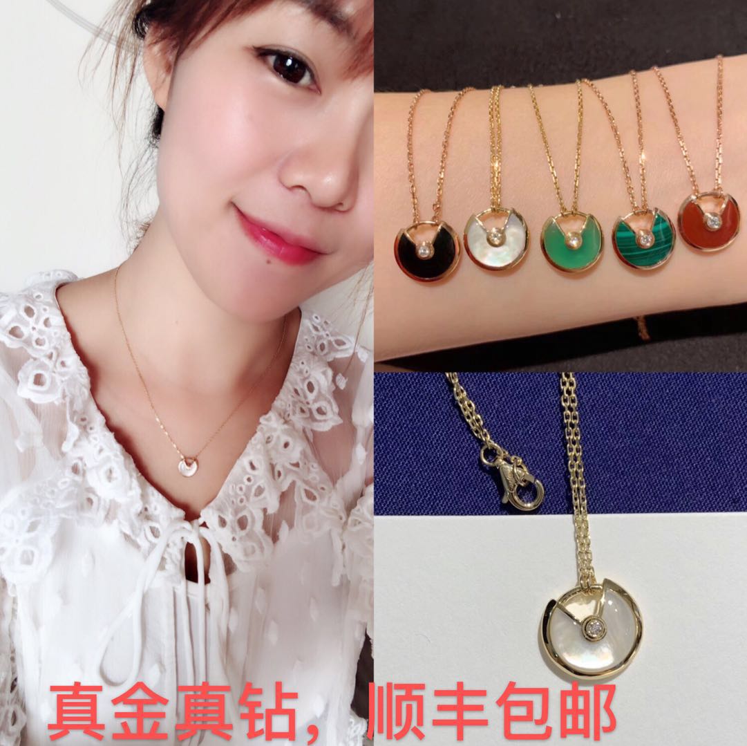 Amulet necklace 18K gold rose gold female pendant black red agate chalcedony white fritillary clavicle chain customization