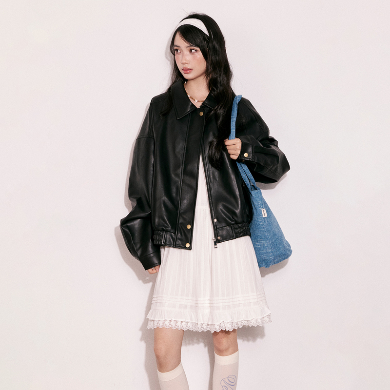 Cream Kitten Cocoa Caramel Vintage Pu Leather Jacket Women's Autumn Loose Black Leather Coat with Zipper