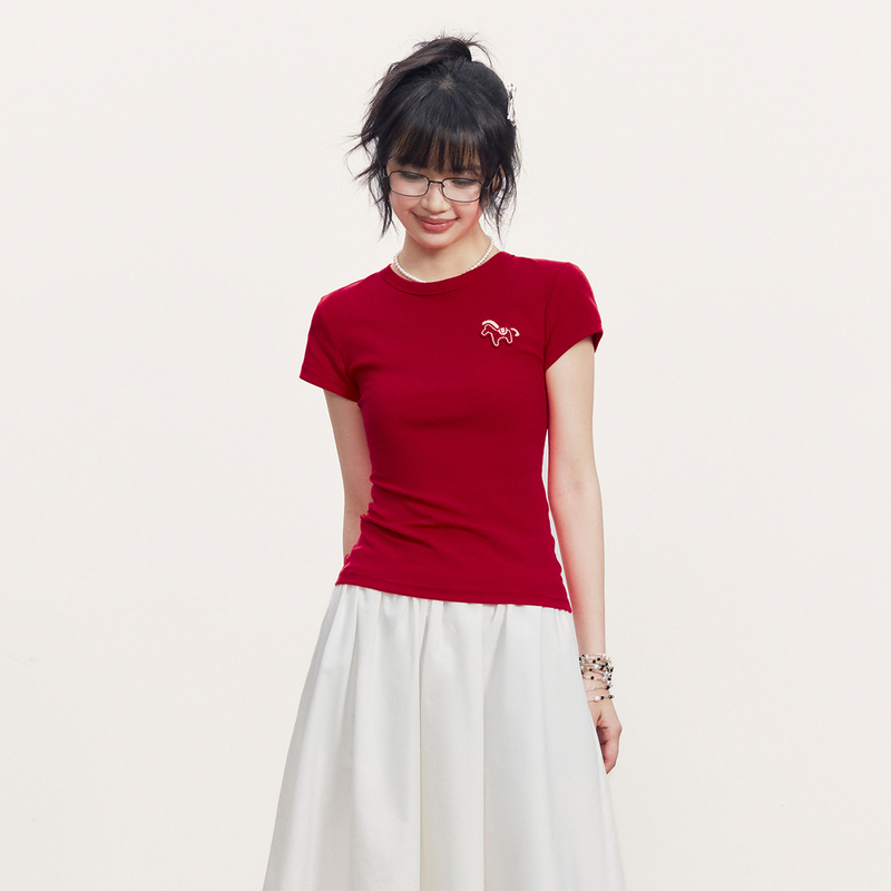Cream Kitten Apple Yogurt Red Towel Embroidered Pony Short Sleeve Women's Summer Waist-Tightening Regular Shoulder T-Shirt