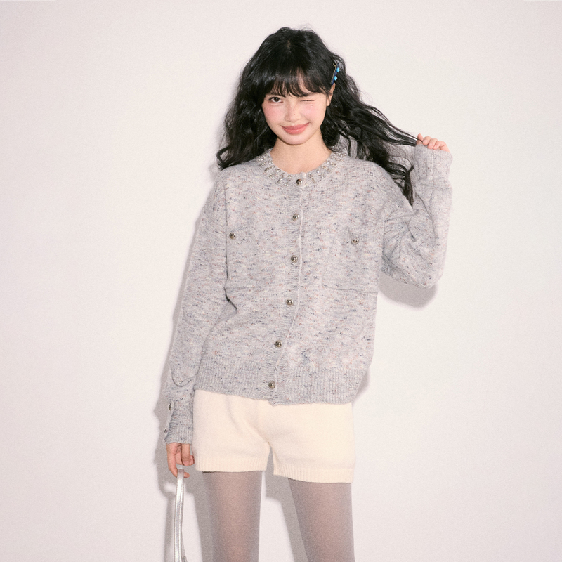 Cream Kitten Frost Cloud Gray Color Dot Embellished Sweater Jacket Women's Knitted Cardigan Miu Style