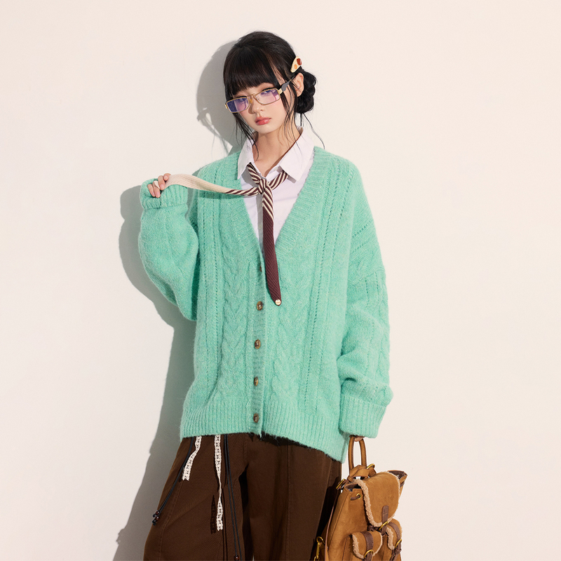 Cream Kitten White Peach Sundae Green V-Neck Knitted Cardigan Women's Autumn Loose Lazy Style Sweater Jacket