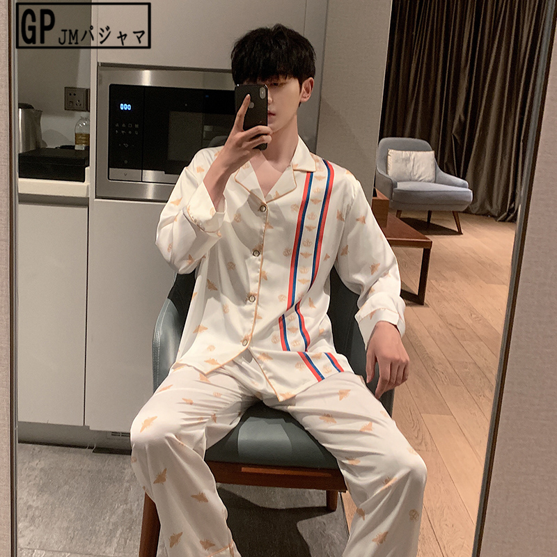 Japanese GP ice silk pajamas men's spring and autumn long-sleeved men's autumn silk home service boys white set