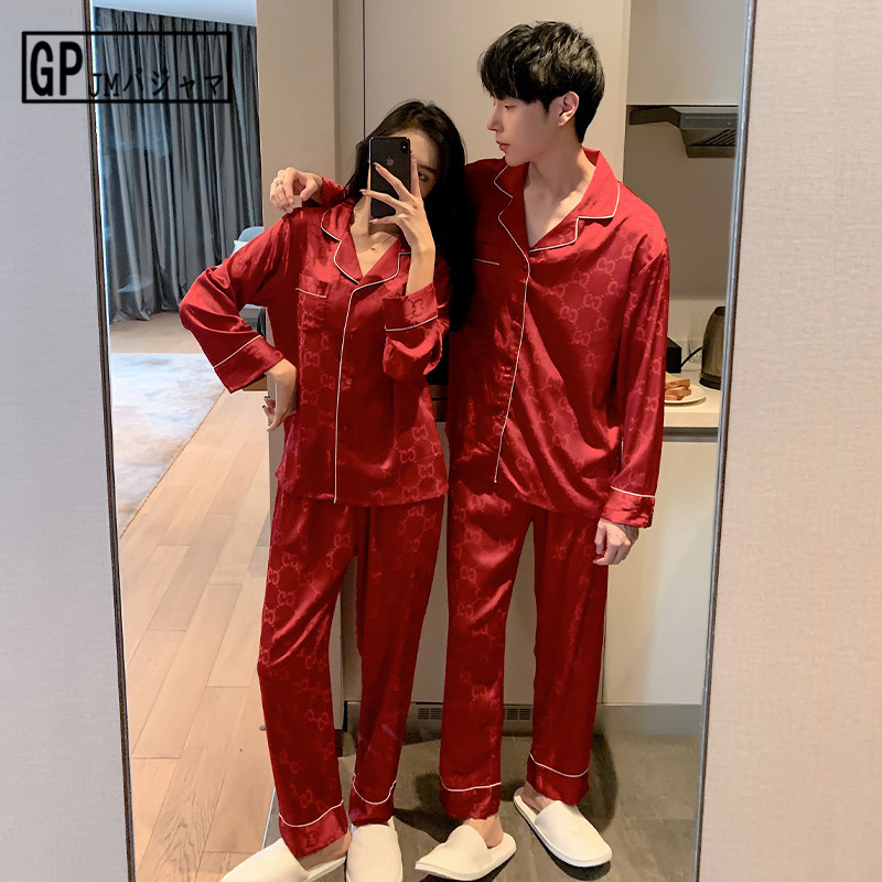 Japanese GP spring and autumn style couple ice silk pajamas female red wedding wedding thin section home service autumn suit