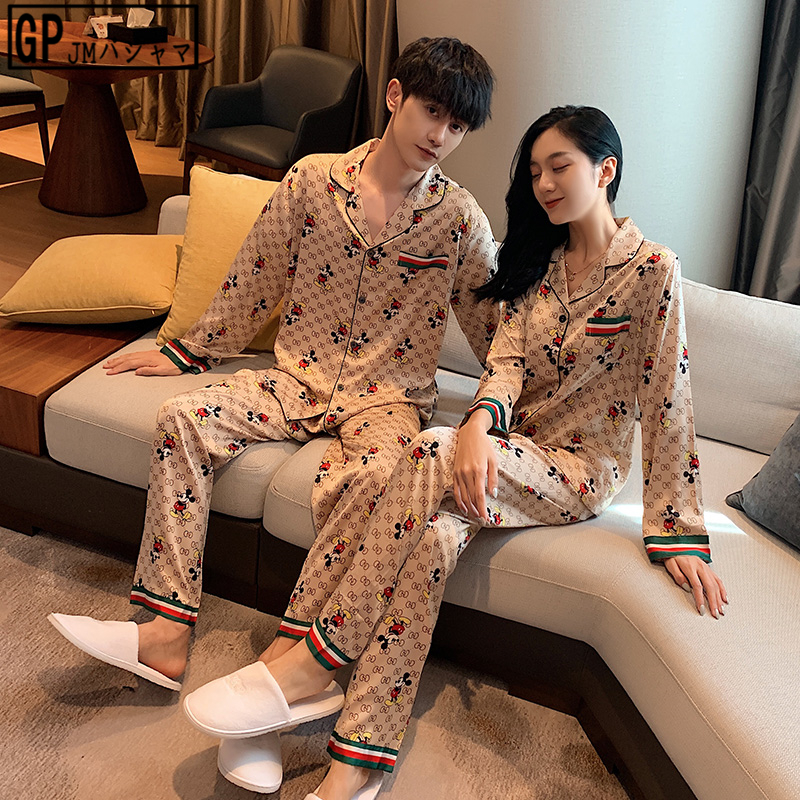 Japanese GP autumn couple pajamas women's summer ice silk plaid men's thin spring and autumn home clothes two-piece set