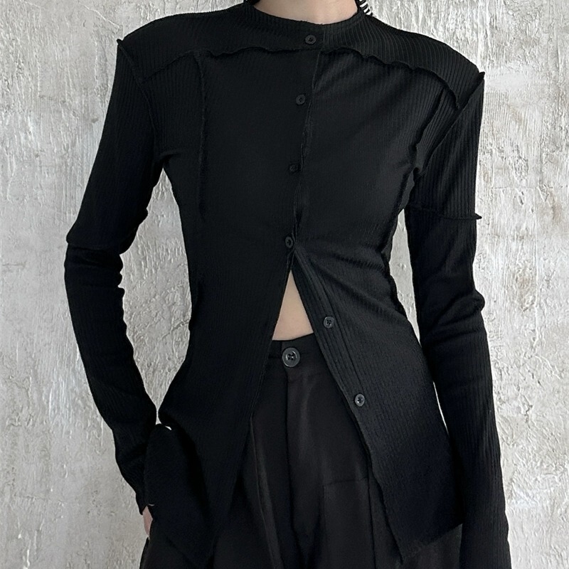 Moonlet Is Super Slimming! High-End Niche Design Patchwork Knit Slim-Fit Waist-Cinching Shoulder-Padded Long-Sleeve Top for Women