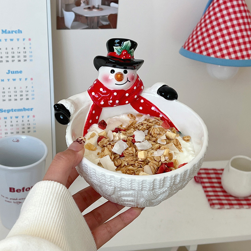 Christmas Snowman Bowl Ceramic Dessert Salad Bowl Christmas Gift Creative Cute Cartoon Fruit Bowl Christmas Decoration