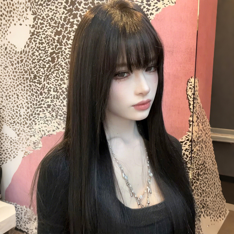 Fujian Wig Full Head Cover for Women, Realistic Human Hair, Black Long Straight Hair, Natural Bangs, Seamless for Daily Use Fujian Wig Full Head Cover for Women, Realistic Human Hair, Black Long Straight Hair, Natural Bangs, Seamless for Daily Use