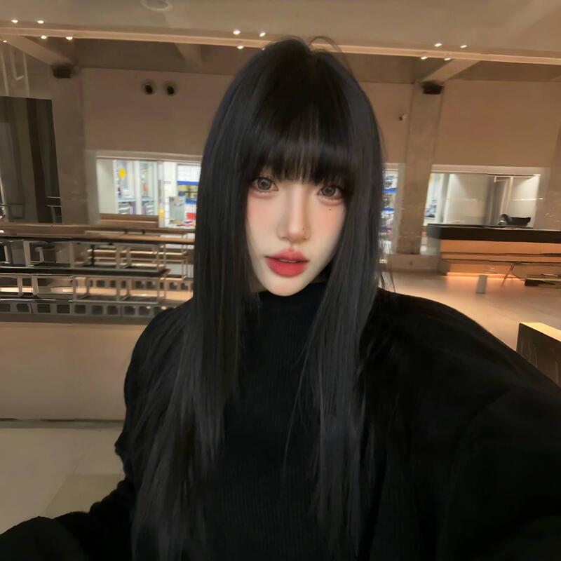Fujian Wig Full Head Cover for Women, Natural Bangs, Realistic Human Hair, Seamless, Daily Black Long Straight Hair