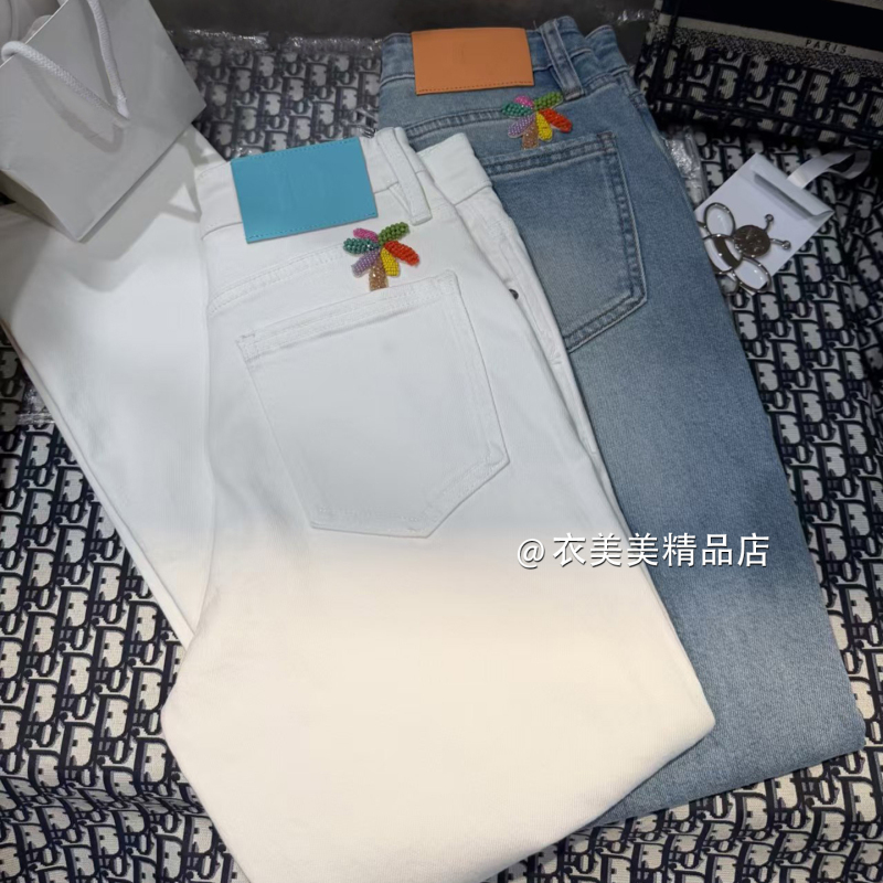 Yimeimei Back-Pocket Handmade Colorful Coconut Tree Beaded Cigarette Pants! Stretchy Slim-Fit Versatile Straight-Leg Jeans