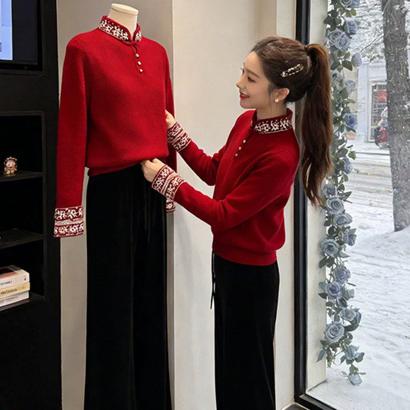 Festive Red New Chinese-Style Stand-Up Collar 100% Pure Wool Knitwear 26 Early Spring New Sweater Top for Women