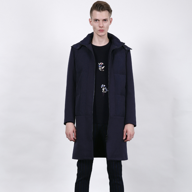 Designer Style Patchwork Mid-Length down Jacket with Hood and Straight Cut 81771805