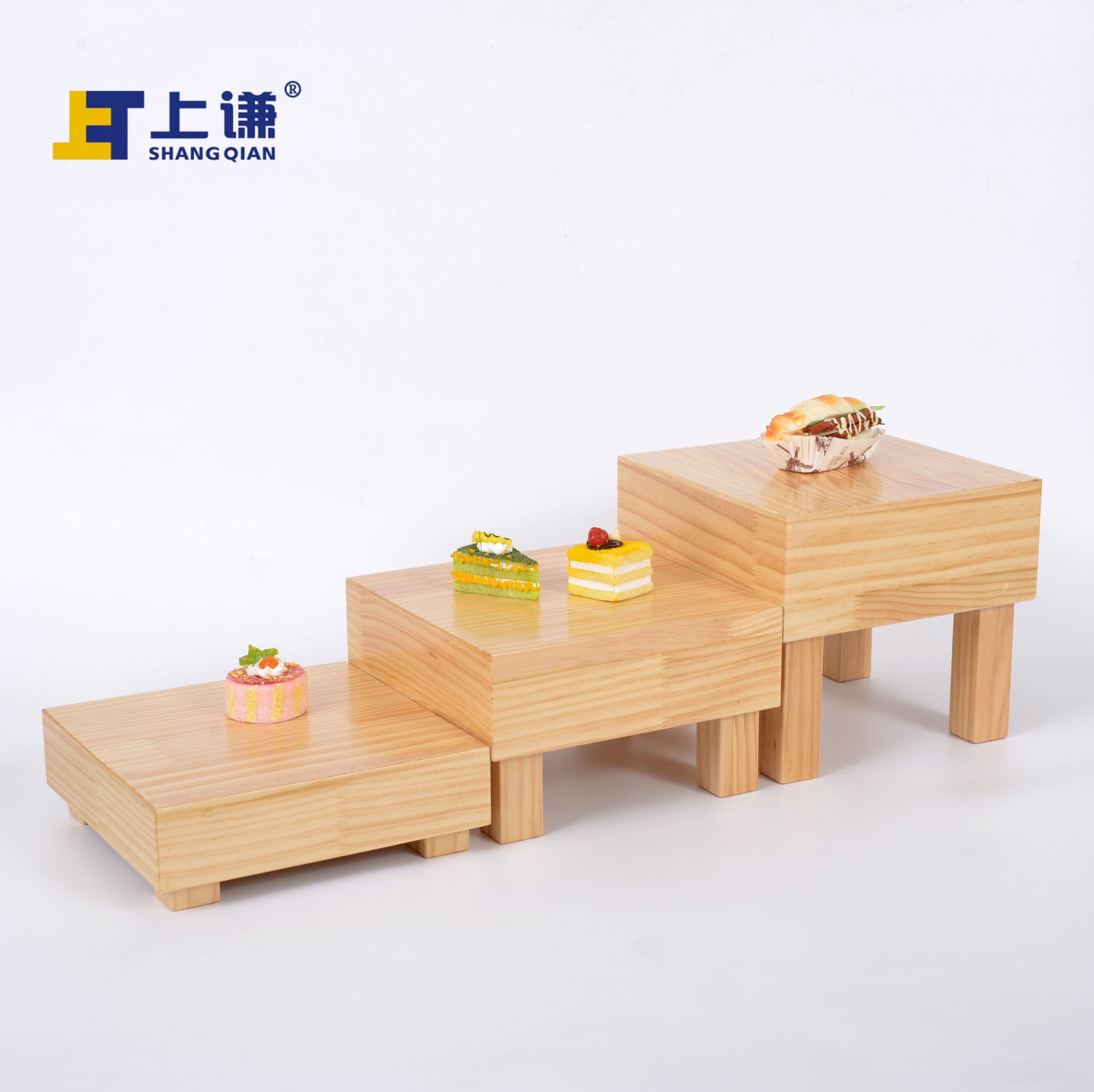 Shangqian pine wood square bottle combination bread cake room western snack cold meal hotel utensils commercial small display rack