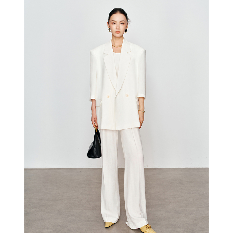 Relaxed Old Money Style Loose White Linen Suit Set for Women with Three-Quarter Sleeves, Summer Thin Professional Suit Relaxed Old Money Style Loose White Linen Suit Set for Women with Three-Quarter Sleeves, Summer Thin Professional Suit