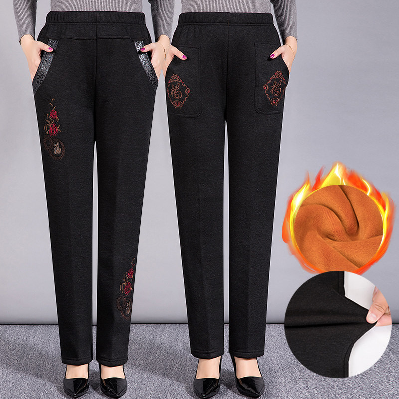 Middle-aged women's trousers thickened warm elastic high waist elastic wear cotton trousers for the elderly in winter loose mother plus velvet trousers