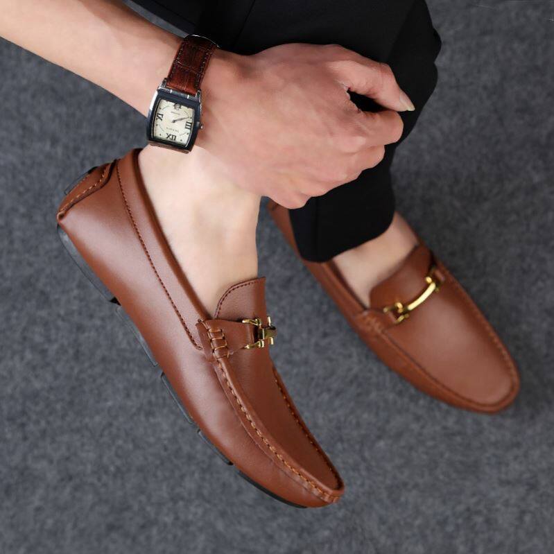 Bean-bean shoes Men's soft bottom genuine leather One foot pedal casual slacker leather shoes 2021 high-end men's leather shoes men's shoes summer