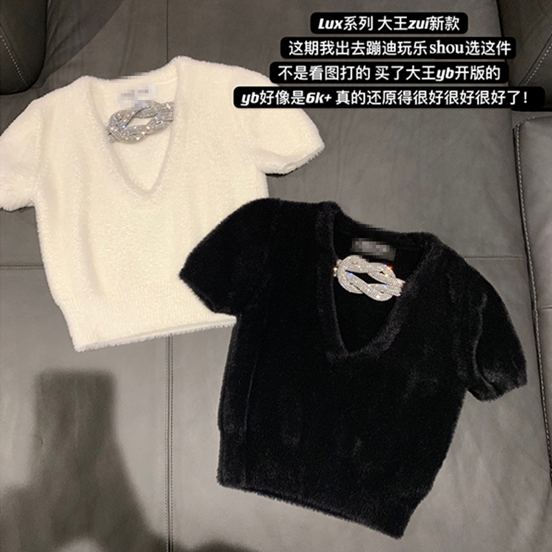 [Lux Series Dawang’S Latest Model] Diamond Large Chain Imitation Mink Slimming Look Short-Sleeved Sweater for Women