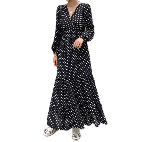 Spring and Autumn Plus Size Women's V-neck Polka Dot Dress Fat MM Fashion Slim Fit Big Swing Bottoming Long Dress for Tall People