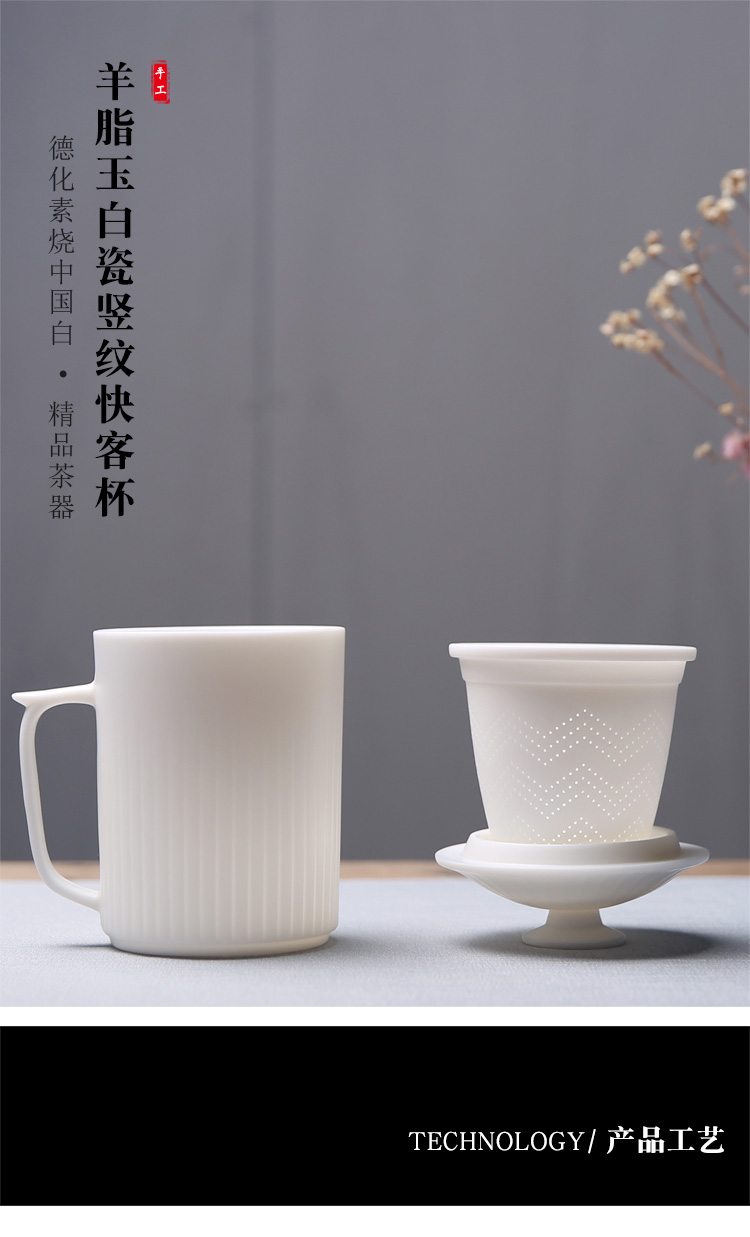 Products dehua porcelain remit suet jade white porcelain office glass vertical half cover filter cup tea separation ceramic tea cup