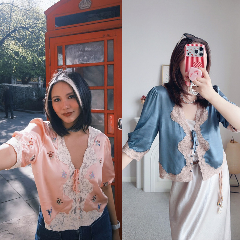 Qd】Special! British Style R Ursula Lace Splicing Slimming V-Neck Fashionable Embroidered Shirt in 3 Colors Rixo Zh Qd】Special! British Style R Ursula Lace Splicing Slimming V-Neck Fashionable Embroidered Shirt in 3 Colors Rixo Zh