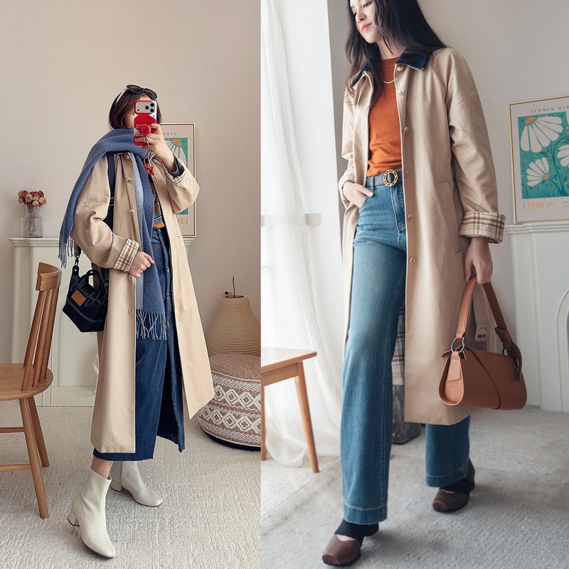 Qd Special! Ruyong Lixiang French Mj Corduroy Detachable Collar Plaid Lining Waterproof British-Style Long Trench Coat