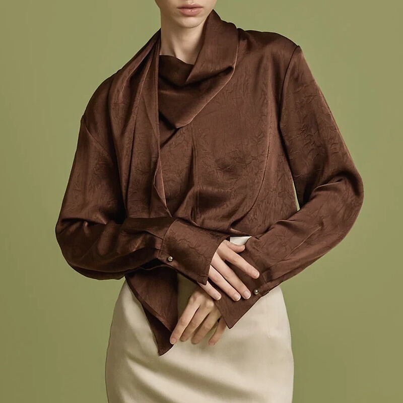 Spring New Design Ribbon Scarf Collar Shiny Satin Long-Sleeve Top with Textured Fashion Light Luxury Loose Shirt for Women