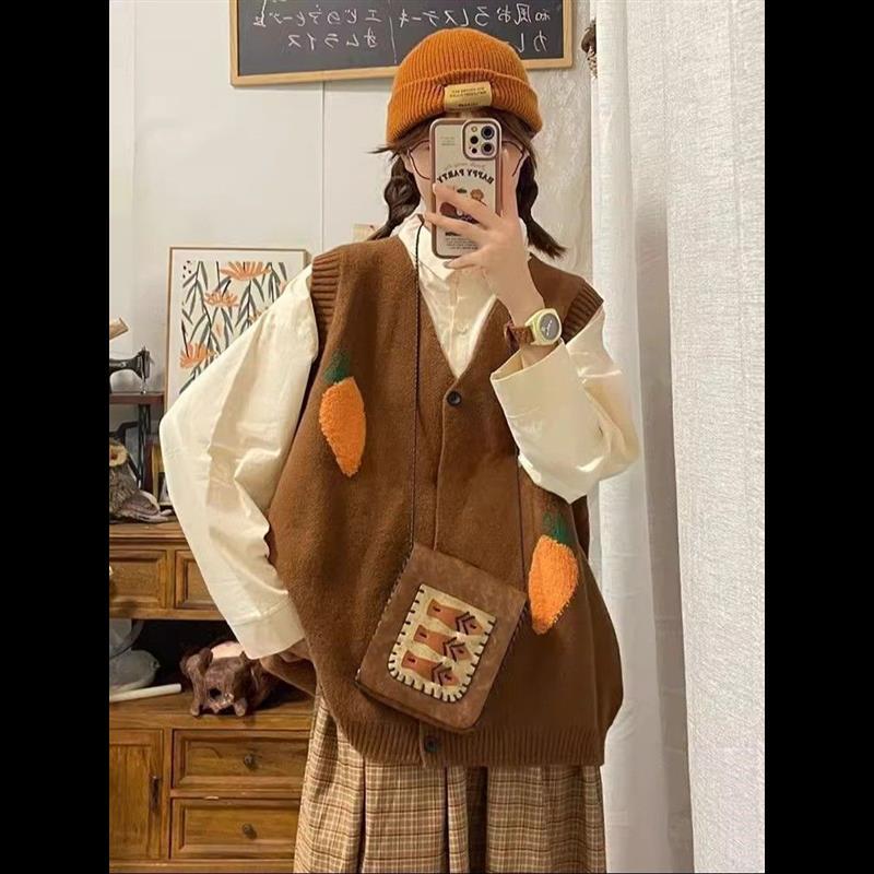 Plus-Size Women 100kg Extra-Large Lazy College Style Knitted Cardigan Vest Sweater Women's Shirt Top Set