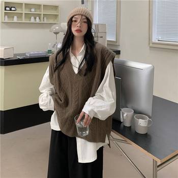 Fat mm large size vest college style female korean style retro lazy style loose and versatile v-neck sleeveless sweater