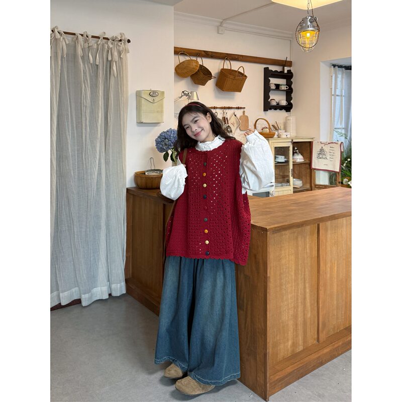Plus-Size Student Style Age-Reducing Color-Block Loose V-Neck Vest Retro Layered New Hollow-Out Knitted Vest