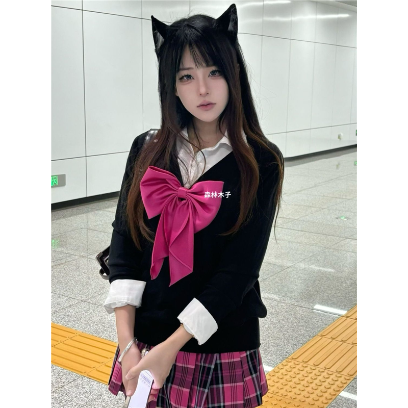 Fat mm 100kg Extra Large Size Knitted Sweater Long Sleeve Sweater Jk Uniform Loose Top Small Rose Plaid Skirt Short Skirt Suit