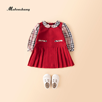 Womoto Shang female baby spring warm girl dress spring and autumn plaid pleated skirt childrens new childrens clothing