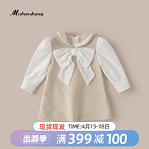 Wood Benshan girl girl dress butterfly knot little girl skirt year old dress Winter dress Long sleeves princess skirt autumn and winter style
