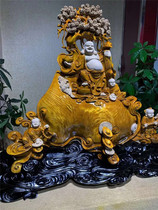 Golden nanmu ornaments big belly Maitreya Buddha statue camphor wood root carving five son laughing Buddha bag cliff carving living room